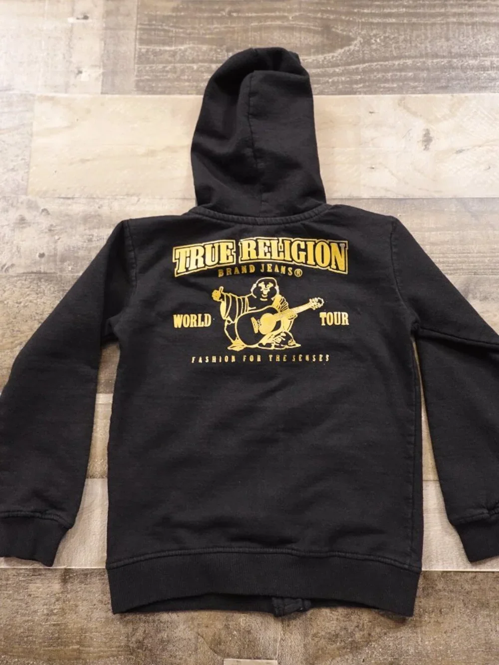 True Religion Zip Hoodie Youth Size 5 Black Gold Logo Graphic Fleece Full Zip